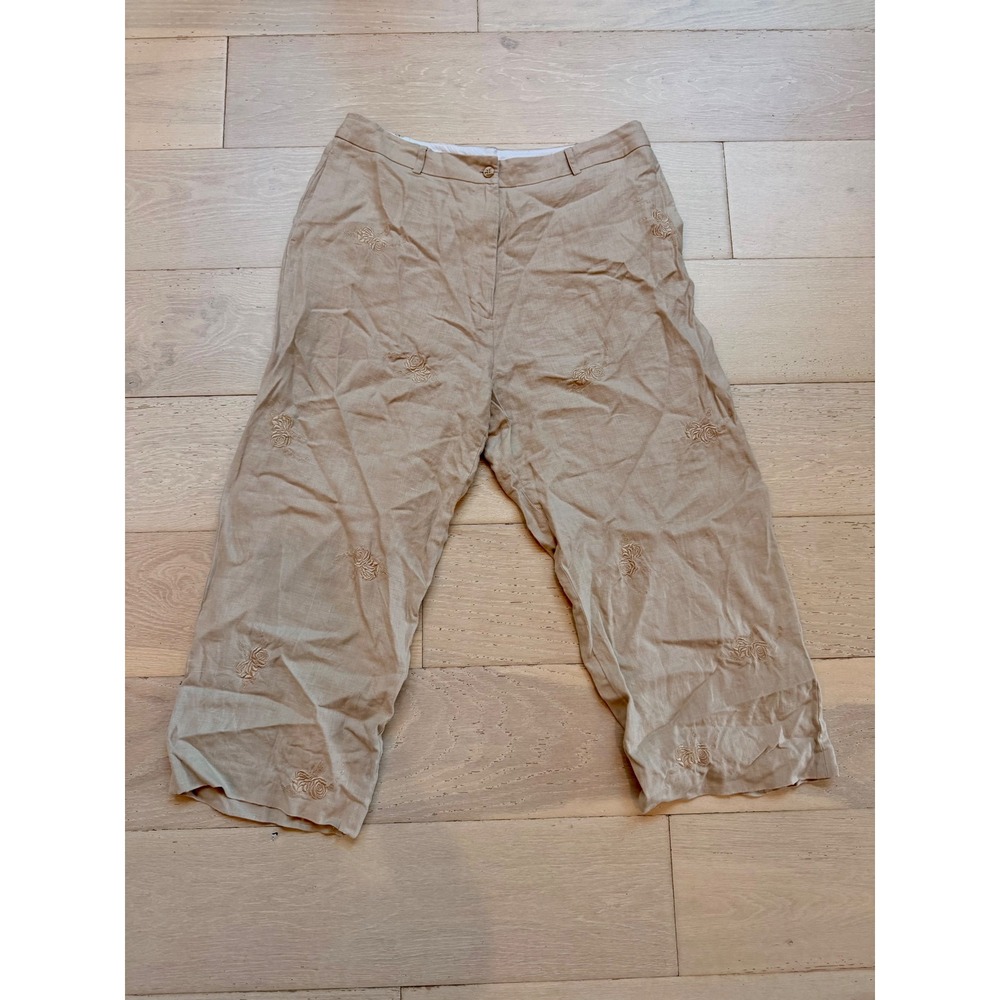 Dressbarn Women's Linen Crop Pants Size 16 Beige Embroidered Floral Capri Boho